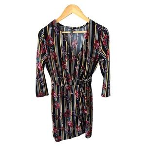 Floral Faux Wrap V Neck Mink Dress